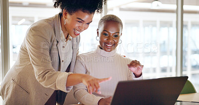 Corporate, black women an laptop for typing, connection and digital marketing in office, conversation and planning. Female employees, business partners and online research for advertising and talking