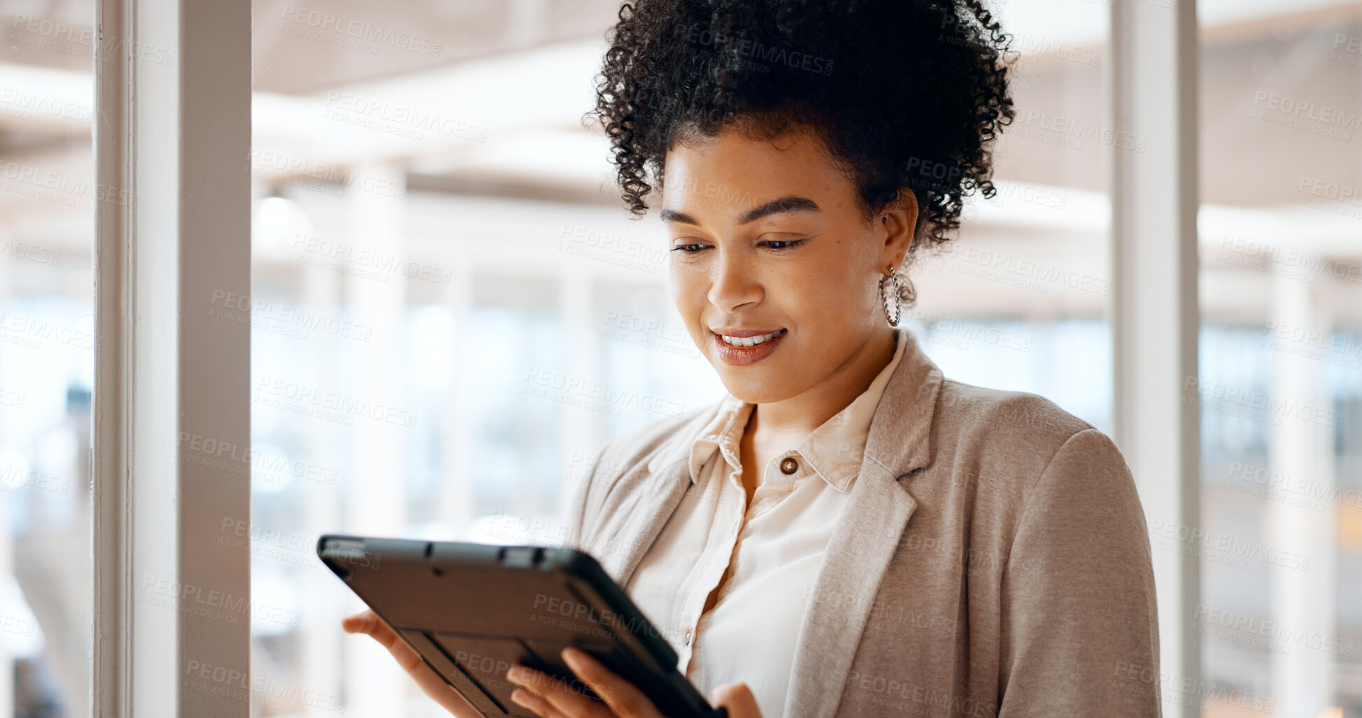 Buy stock photo Happy business woman, tablet and research in schedule planning, strategy or networking at office. Female person or employee smile with technology for data, communication or project plan at workplace