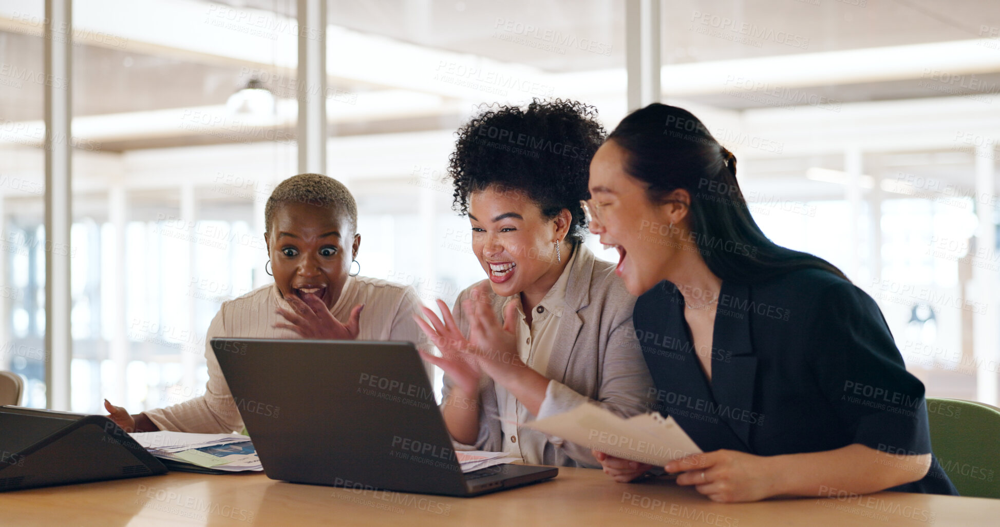 Buy stock photo Business women, excited team and laptop to celebrate achievement, audit results and accounting success. Finance staff or employees clapping for new contract, document and online feedback with bonus