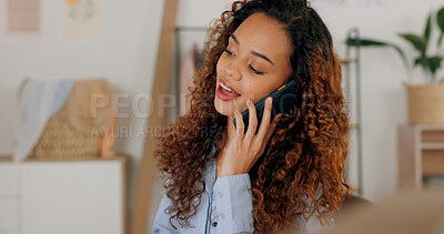 Buy stock photo Phone call, small business and young woman in the office for creative, fashion or artistic career. Communication, startup and happy female designer from Mexico on a mobile conversation with cellphone