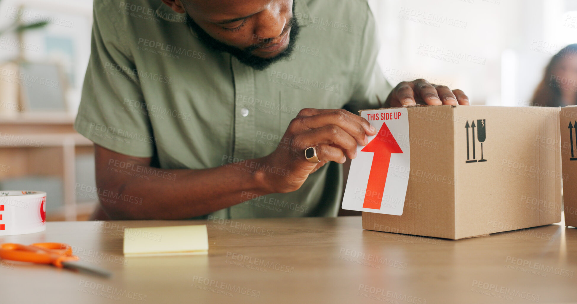 Buy stock photo Hands, label or black man with box for delivery, shipping or package for dropshipping or courier. Sale closeup, stock or business owner with product or store order for cargo service or sticker sign 