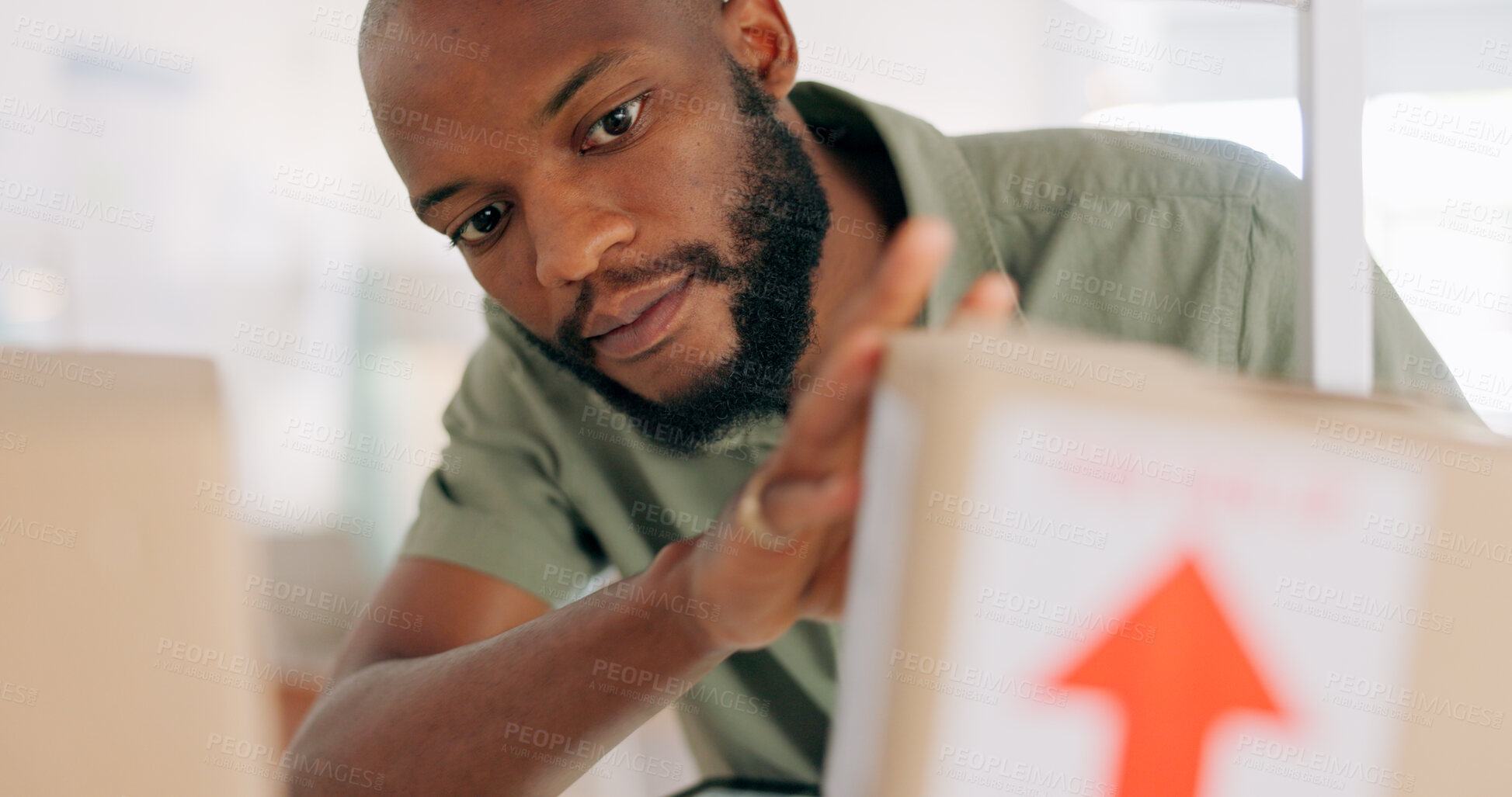 Buy stock photo Check, inventory or black man with box for delivery, shipping or package for dropshipping or courier. African person, factory shelf or business owner with product or stock order for cargo service