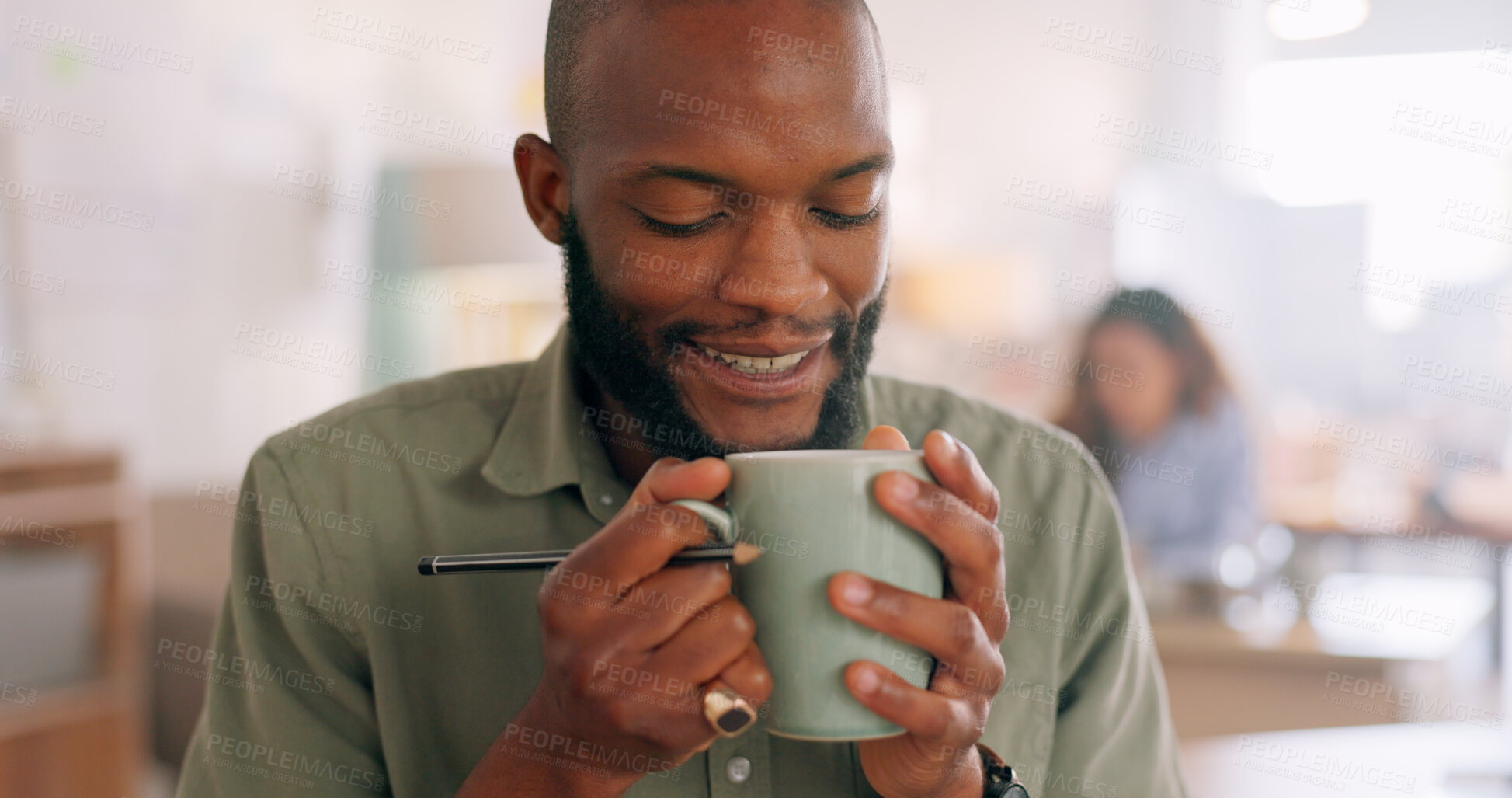 Buy stock photo Aroma, cup and man smell coffee for inspiration while working, design and planning in startup. Creative black man, cafe and fragrance of drink to start morning at graphic design business in Atlanta