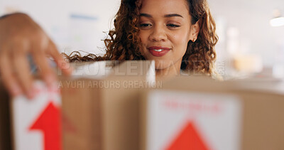 Inventory, boxes and shelf woman search for business delivery stock with supply chain management, logistics and courier service work in office. Small business worker check package or boxes storage