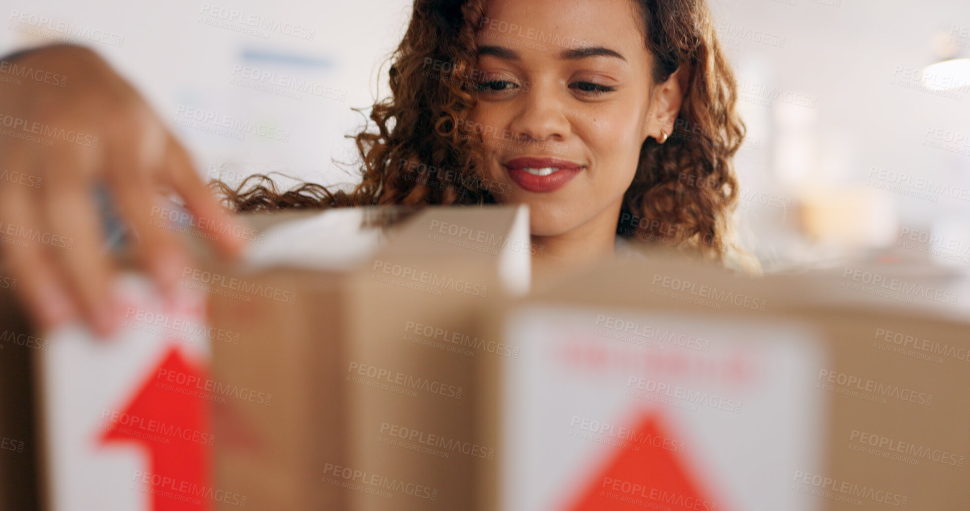 Buy stock photo Delivery, shelf or box inventory with a woman in her office for supply chain logistics, shipping or stock take. Ecommerce, cargo and retail with a happy young postal employee looking for a package