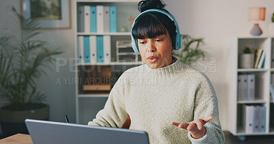 Business, creative and black woman with laptop, thinking and digital planning in modern office. Agent, African American female employee and consultant with focus, headphones and ideas for new project