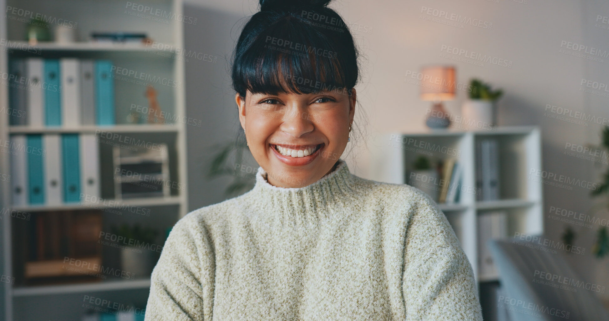 Buy stock photo Happy, smile and portrait of businesswoman in the office with positive, good and confident attitude. Happiness, pride and headshot of female designer from Colombia standing in her modern workplace.