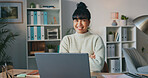 Happy, business woman and smile on laptop in success for company startup at work with crossed arms. Confident female employee worker smiling in happiness for job or career on computer at the office