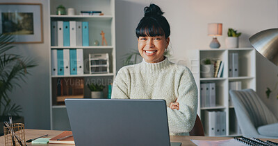 Happy, business woman and smile on laptop in success for company startup at work with crossed arms. Confident female employee worker smiling in happiness for job or career on computer at the office
