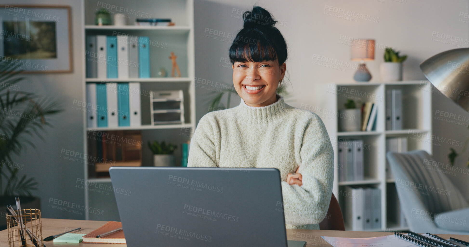 Buy stock photo Laptop, portrait and happy professional woman, secretary or employee for administration work, project or online report. Computer, happiness and business receptionist smile for career confidence