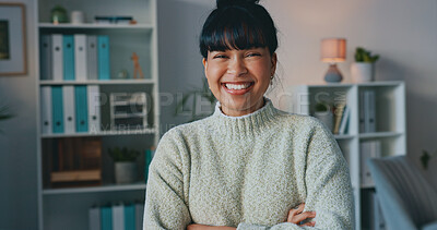 Happy, business woman and smile on laptop in success for company startup at work with crossed arms. Confident female employee worker smiling in happiness for job or career on computer at the office