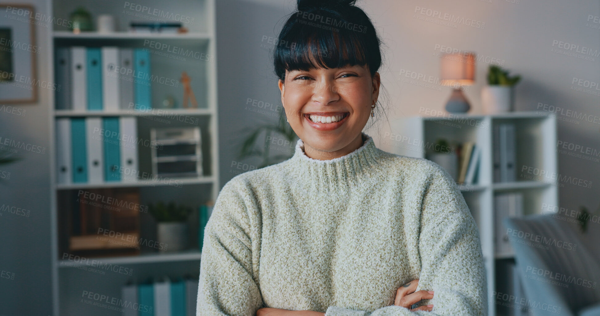 Buy stock photo Smile, crossed arms and portrait of businesswoman in the office with positive, good and confident attitude. Happy, pride and headshot of female designer from Colombia standing in her modern workplace