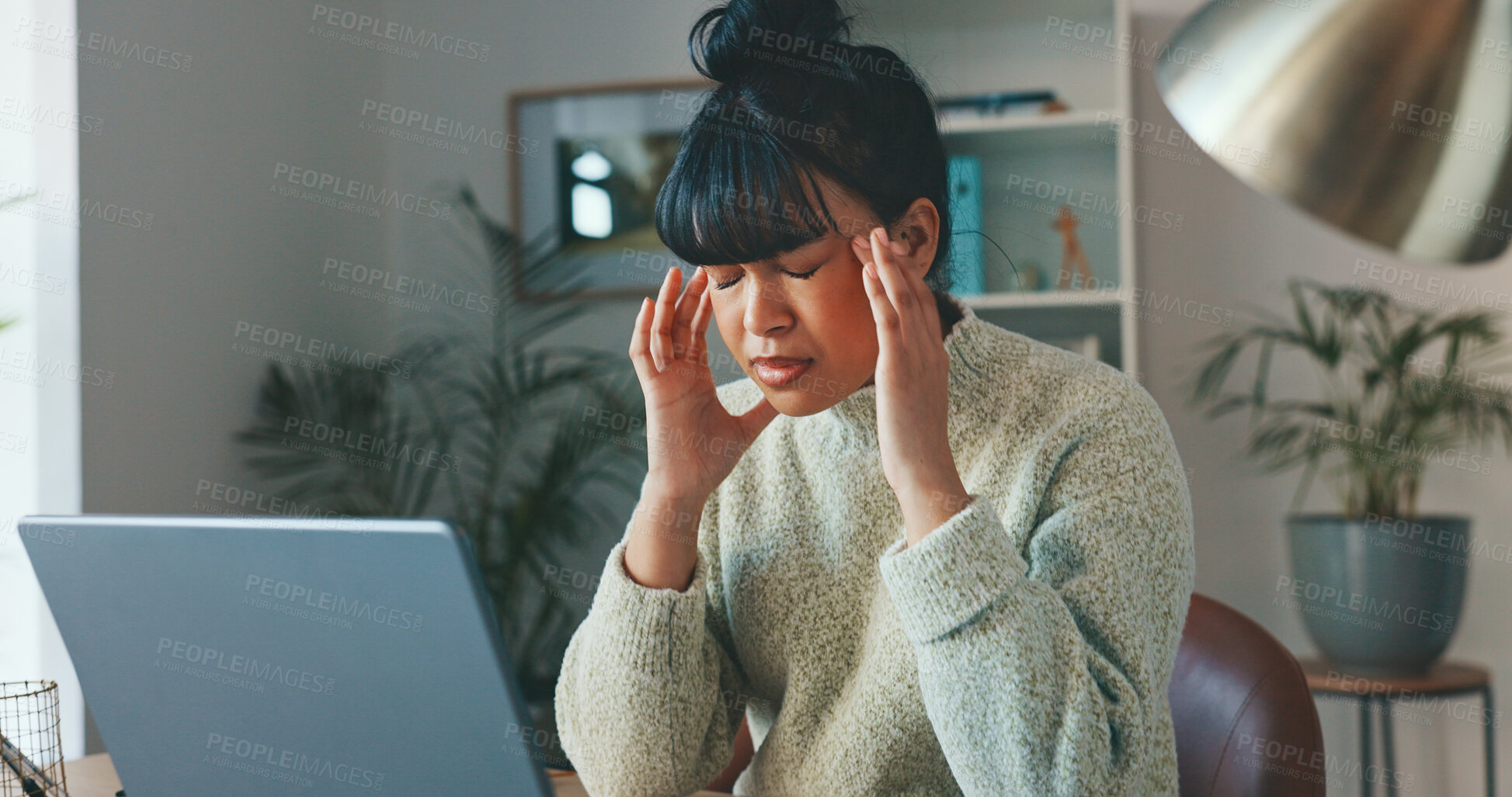 Buy stock photo Headache, stress and business woman in office on a laptop in a creative startup company. Mental health, burnout and migraine of person exhausted, sick or frustrated with challenge or financial crisis