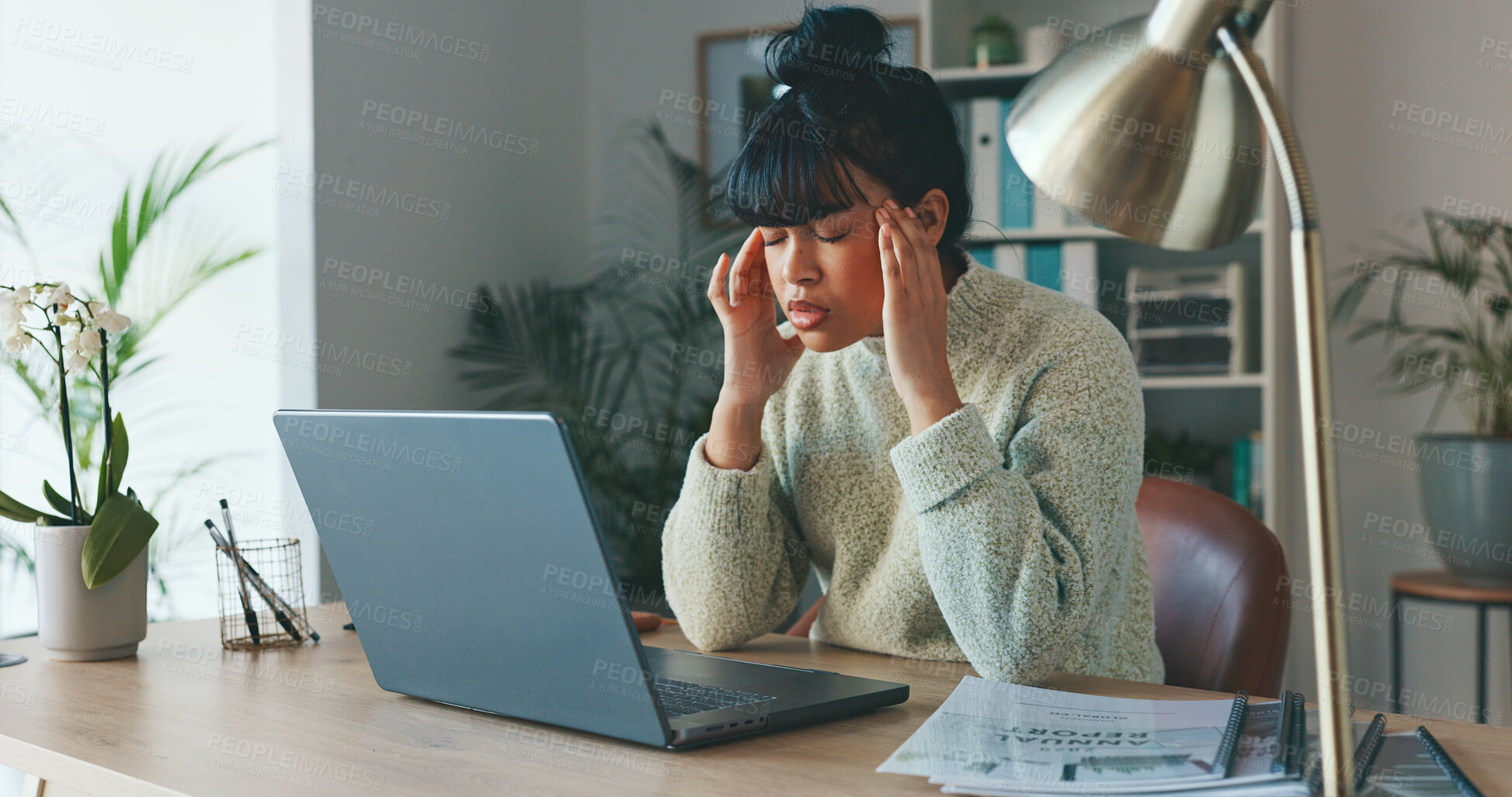 Buy stock photo Headache, stress and business woman in home office on a laptop for remote work. Mental health, burnout and migraine of tired freelancer, sick or frustrated with challenge, financial crisis or fatigue