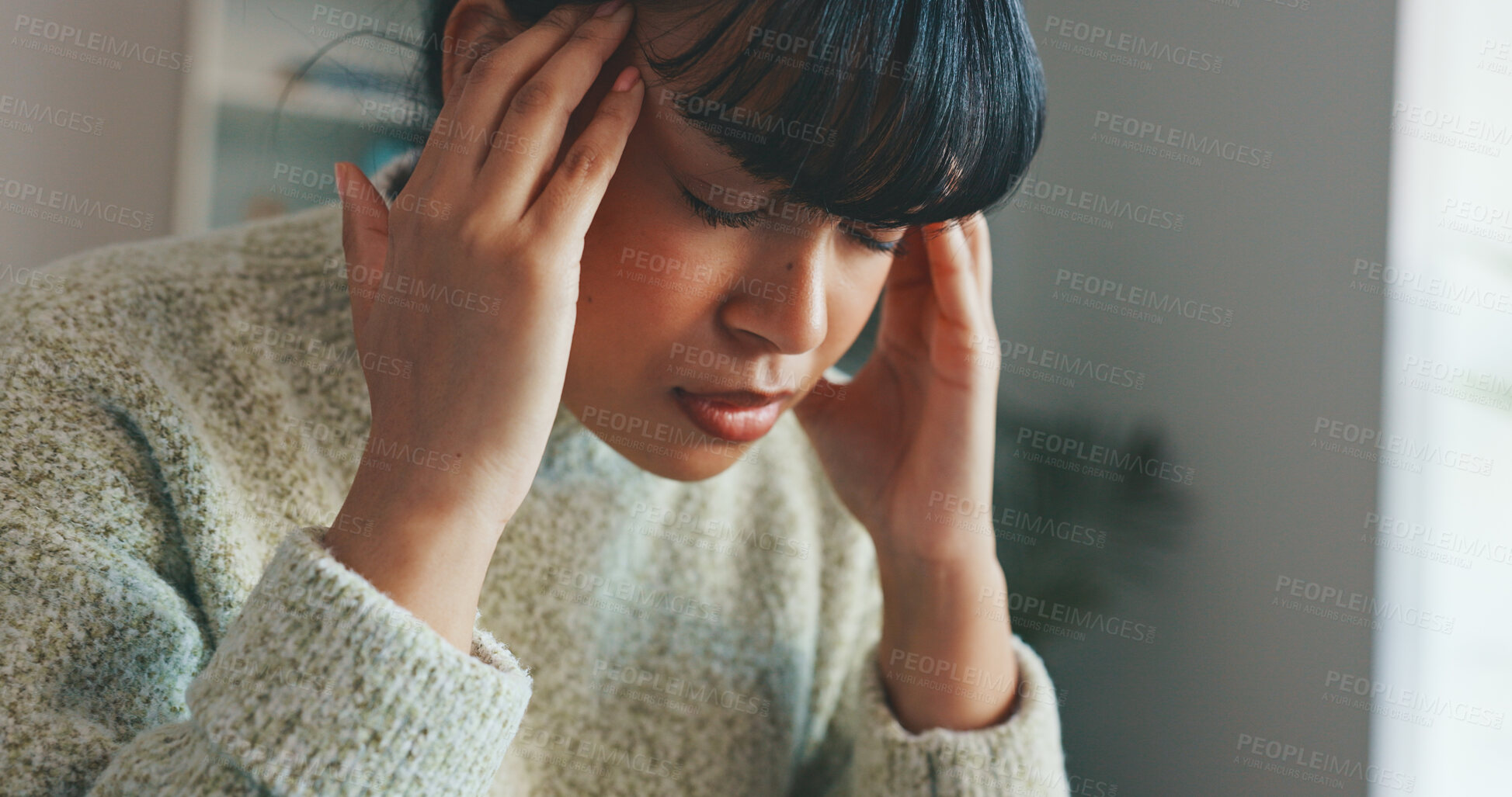 Buy stock photo Headache, stress and woman in home, fatigue and frustrated at financial crisis, taxes or bankruptcy challenge. Mental health, burnout and migraine of tired person, depression and sick of brain fog