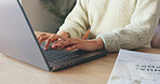 Laptop, computer and business woman hand typing, writing on notebook for planning, schedule and meeting review. Zoom, hands and strategy analytics for collaboration, research and KPI growth