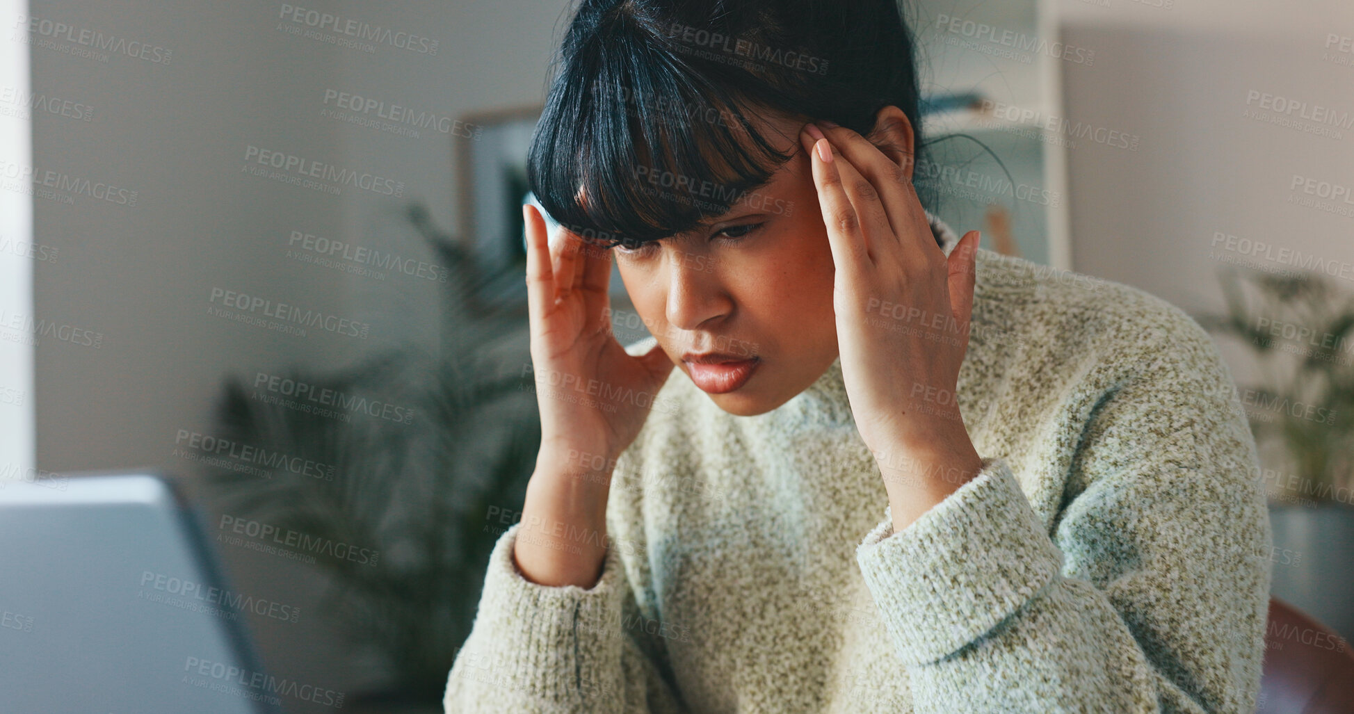 Buy stock photo Headache, pain and business woman in home office for remote work. Mental health, burnout and migraine of tired freelancer, stress and frustrated with challenge, financial crisis and fatigue in house