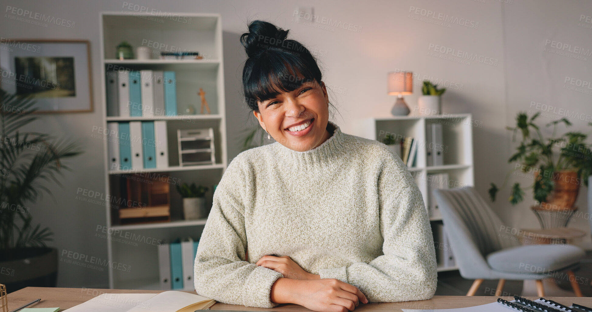 Buy stock photo Happy, smile and portrait of woman in the office with good, positive and confident attitude. Happiness, pride and young female designer from Colombia working by her desk in her modern workplace.