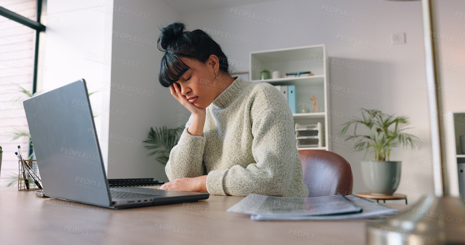 Buy stock photo Sleeping, tired and business woman in home office for remote work on laptop. Resting, burnout and fatigue of freelancer, stress and overworked, headache and exhausted person relax at table in house