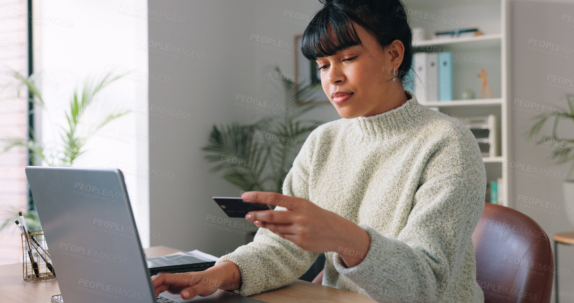 Buy stock photo Woman, credit card and laptop with work from home salary, business online shopping and fintech payment in office. Young remote worker or freelancer typing on computer for internet banking and debit 