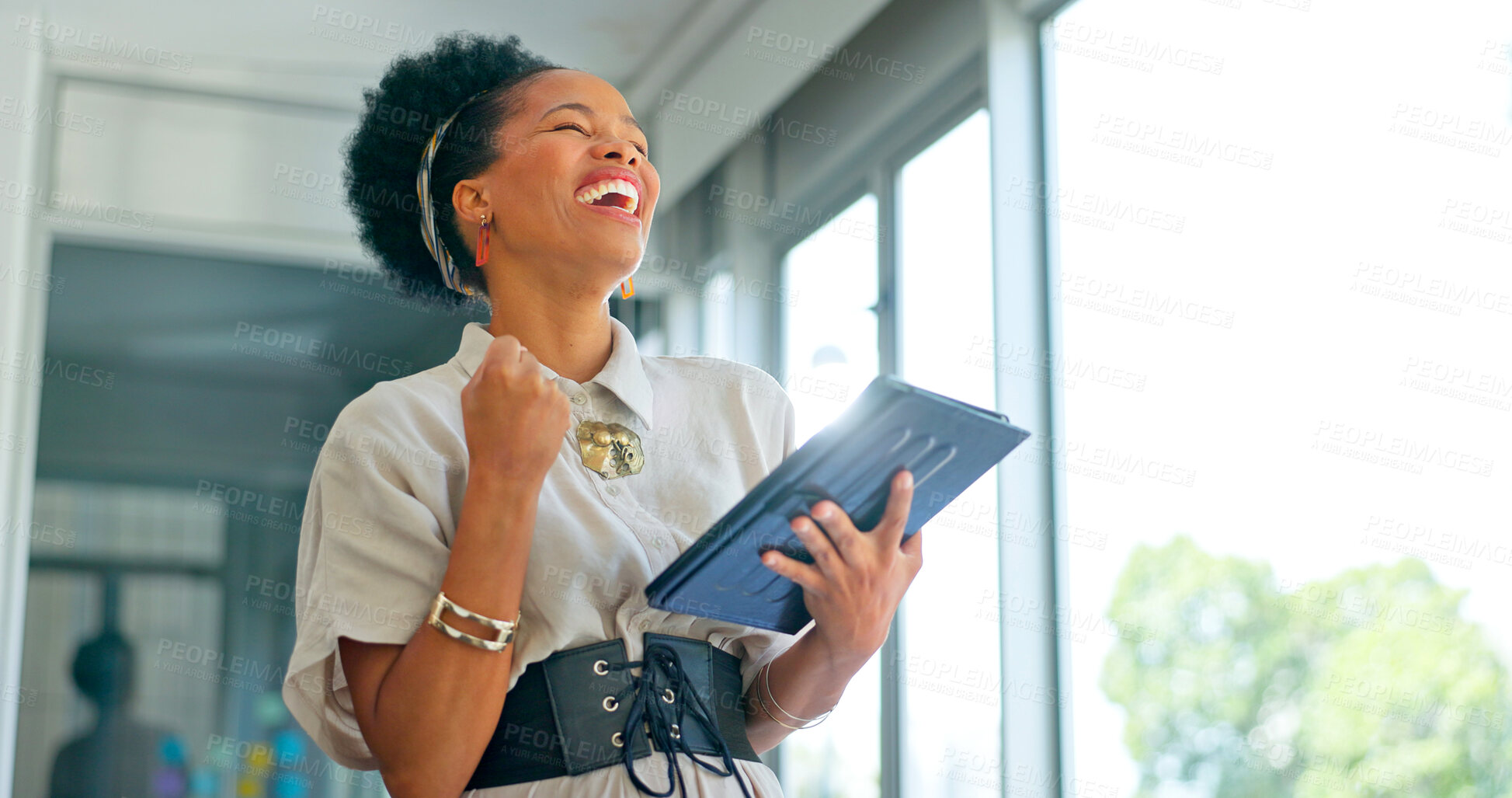 Buy stock photo Tablet, excited and business woman celebrate success for office good news, email or feedback. Yes, winning and happy black female employee with technology and wow achievement, fist or online report