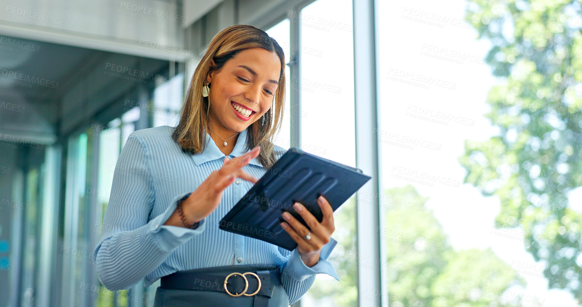 Buy stock photo Corporate, window and woman with a tablet, typing and connection with website information in a workplace. Person, employee or consultant with tech, email notification and search internet with network