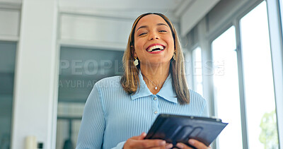 Tablet, laugh and face of business woman in office for planning, email and social media news. Success, motivation and idea with employee browsing on report for research, internet and technology