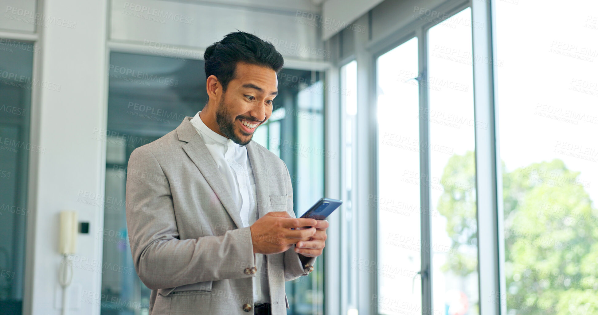 Buy stock photo Corporate, excited and man with a cellphone, achievement and email notification with celebration, typing or wow. Person, worker or consultant with a smartphone, digital app and winning with network