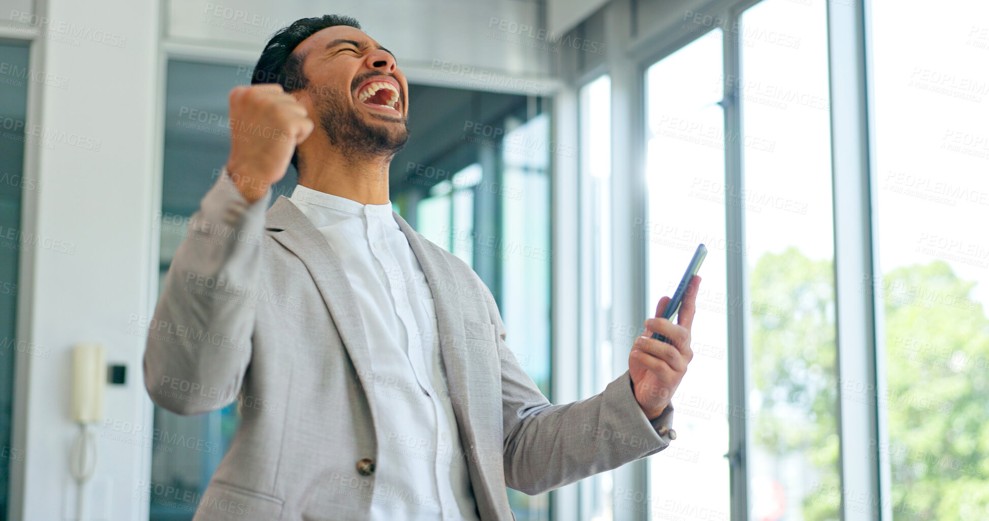 Buy stock photo Tablet, excited and winner or business man in office for good news, email or feedback. Success, yes and fist of asian male employee with technology to celebrate wow achievement or online bonus