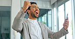 Success, phone and winner with businessman in office and celebration for deal, growth and stock market target. Wow, goals and good news with fist of employee for achievement, future and sale
