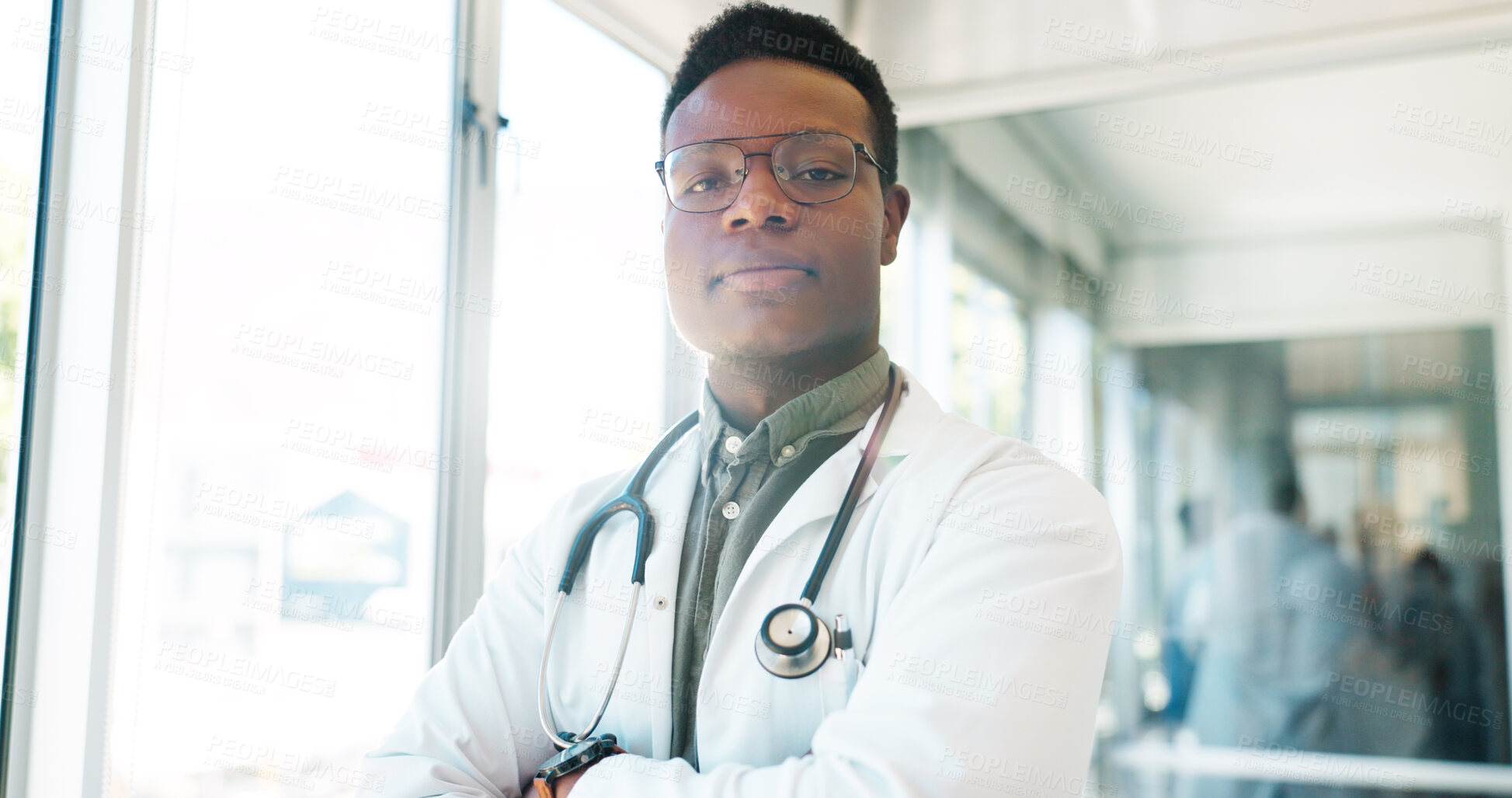 Buy stock photo Doctor, healthcare portrait and black man for medical services, first aid support and confident in hospital career. Pride, job experience and African nurse, surgeon or medicine expert of cardiology 