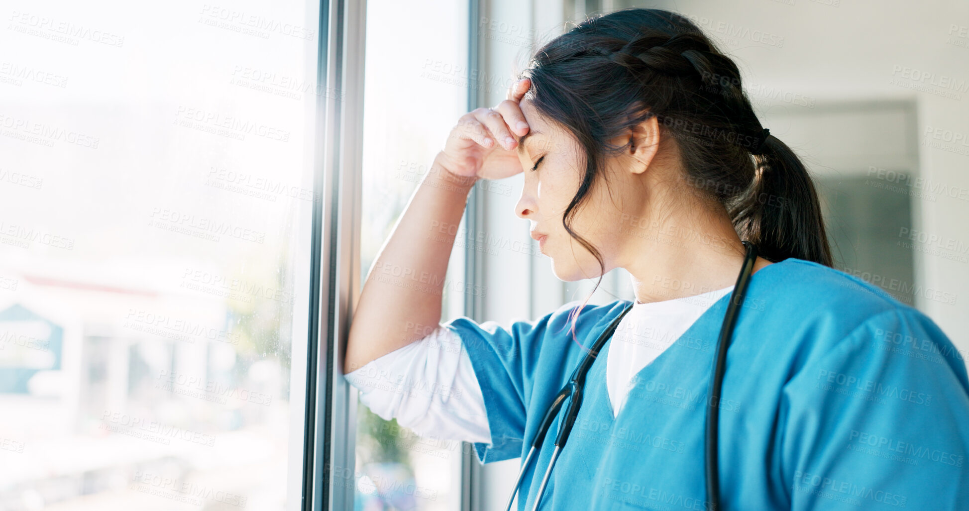 Buy stock photo Thinking, depression and hospital doctor, woman or expert with medical crisis, stress or burnout in clinic. Sad, anxiety and mental health with hospital nurse, surgeon or person worried about mistake