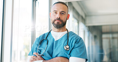Healthcare worker, face or thinking nurse with arms crossed in hospital surgery ideas or life insurance vision. Portrait, man or medicine employee in trust innovation, help or medical wellness goals