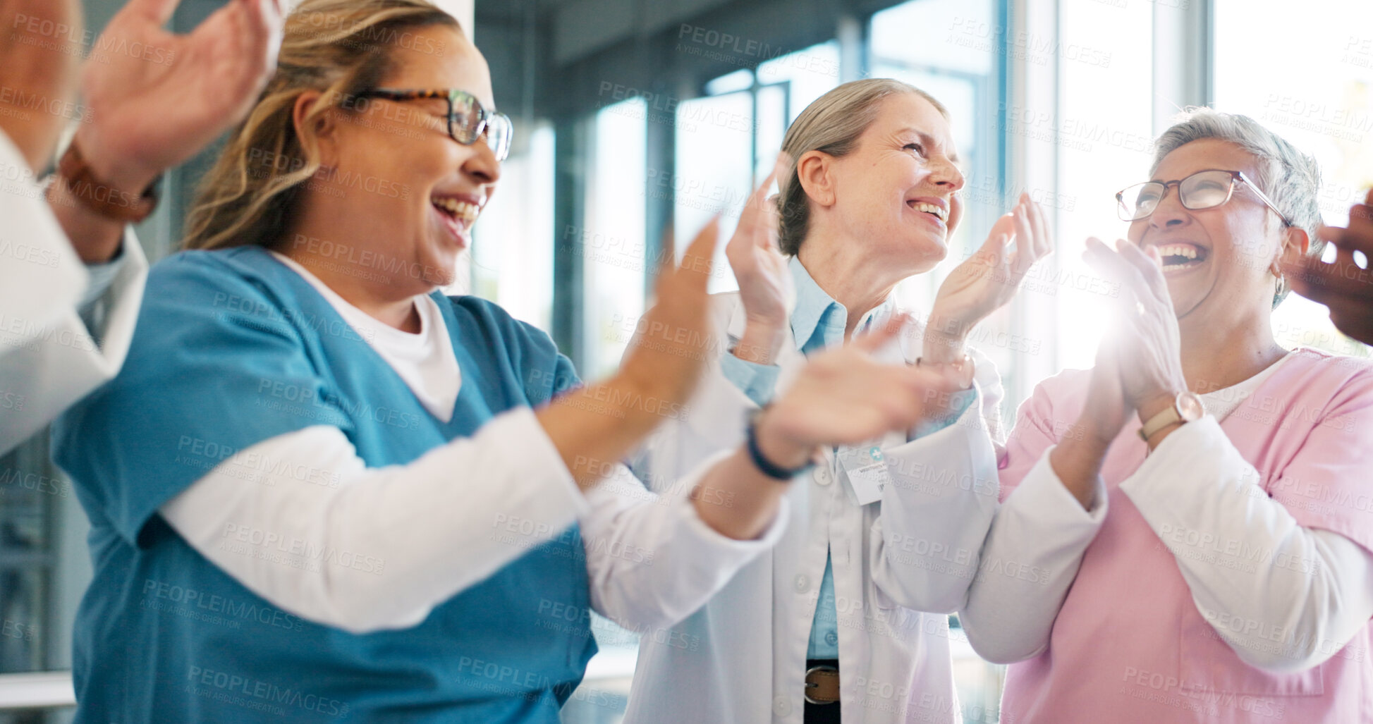 Buy stock photo Medical, team celebration and doctors applause, praise or congratulation for clinic success, wellness or promotion. Teamwork motivation, wow and hospital nurses, surgeon or group clapping for winner