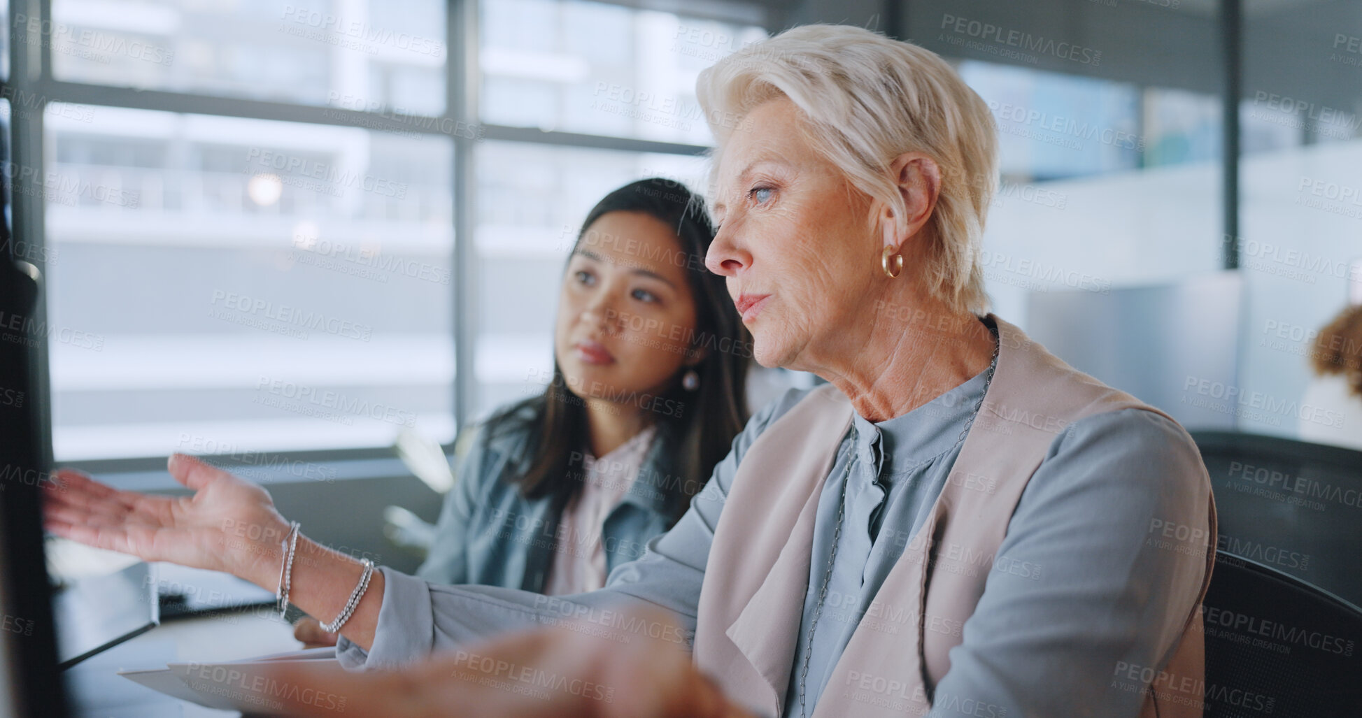 Buy stock photo Senior woman, staff and conversation in office with training planning and management with report. Mentor and intern with online, manager collaboration and communication for process and speaking