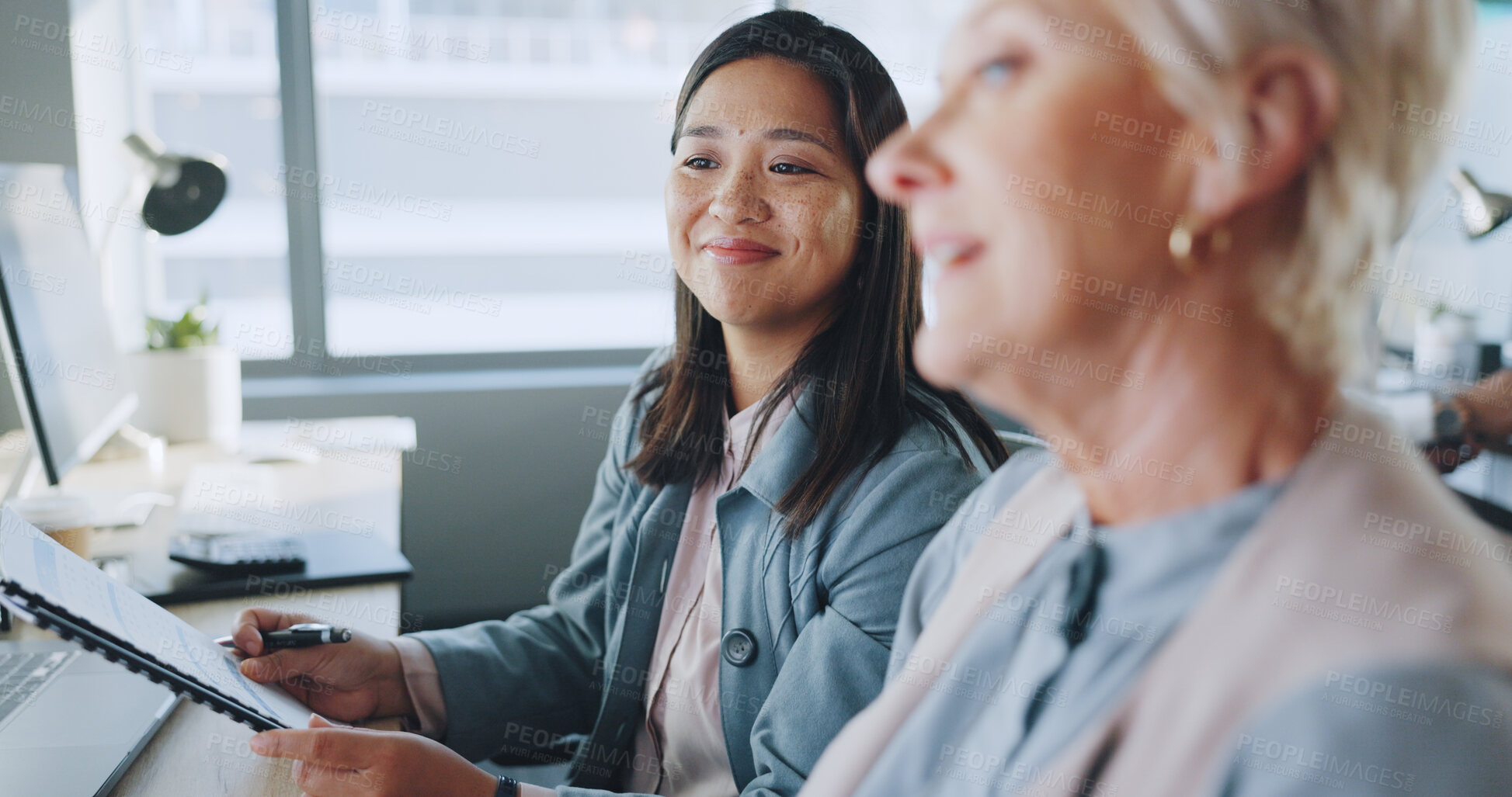 Buy stock photo Business, women and conversation at work in advertising or marketing for sales, presentation or coaching. Female, brainstorming or employee with boss, collaboration or training in meeting or strategy