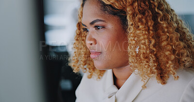Business, black woman and focus on typing, computer and online schedule in modern office. African American female, administrator and employee with concentration, corporate planning and professional