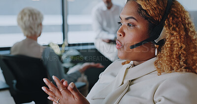 Call center woman, communication and explain for customer service, help and advice in office for career. Black woman, crm expert or consultant for contact us, customer support and consulting clients