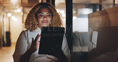 Black woman with tablet for research, business and project management, planning and reading email at office. Digital report, networking and strategy with data analysis and scroll internet for ideas.