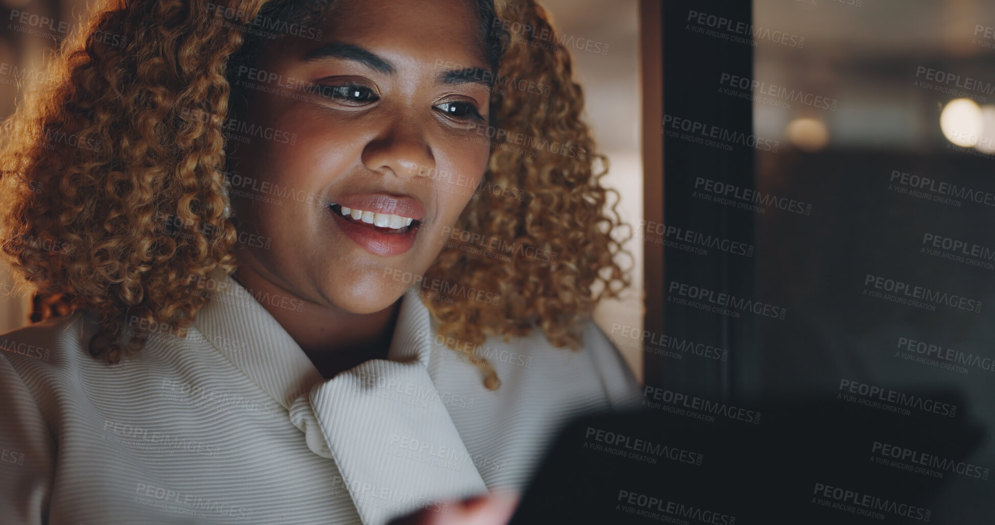 Buy stock photo Black woman, tablet and reading at night for business and project with planning and email at office. Digital report, networking and employee with data analysis and deadline  for web design at company