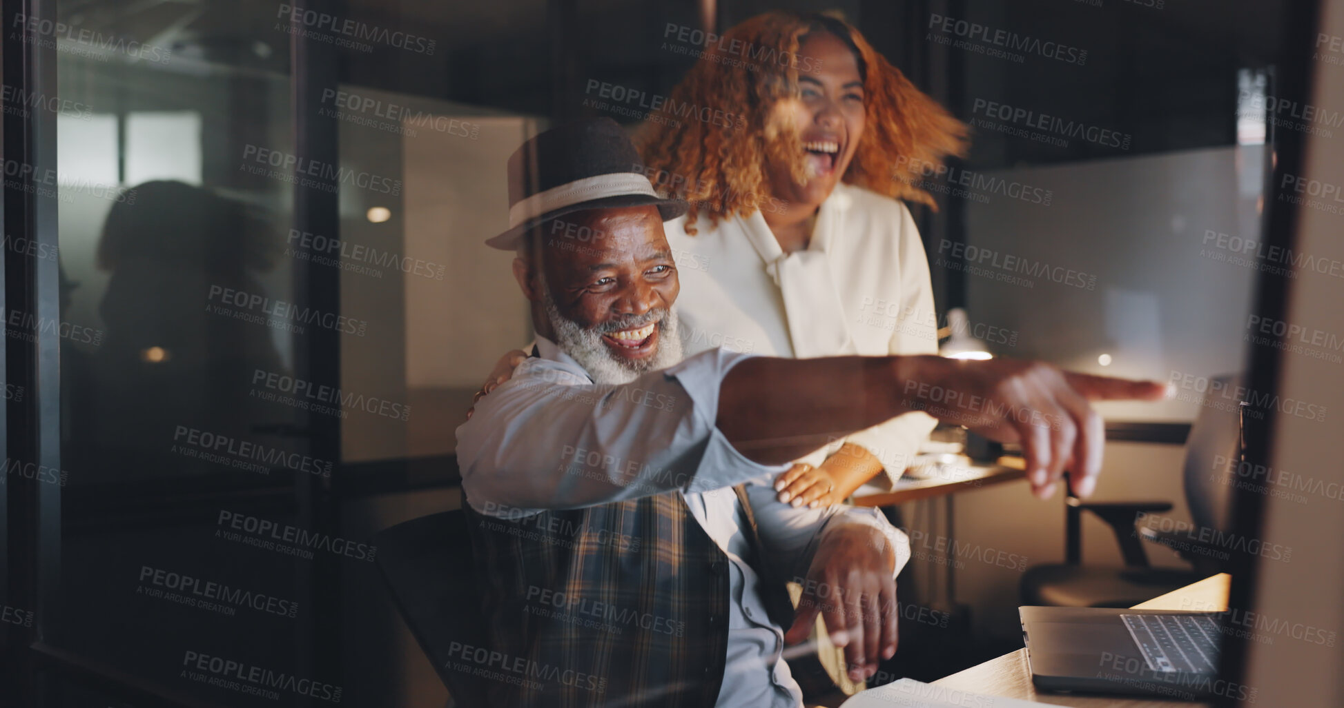 Buy stock photo Celebration, success and business people in office at night with promotion or achievement for teamwork. Happy, partnership and professional designers in collaboration with wow expression at workplace