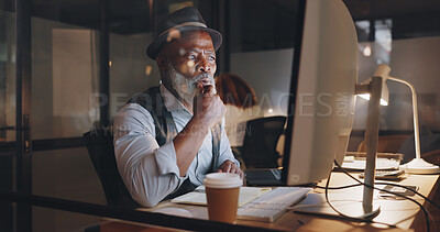 Businessman, focus and computer, typing and working overtime, journalist writing article for newspaper. Office, night and professional at desk, computer screen and technology with deadline.