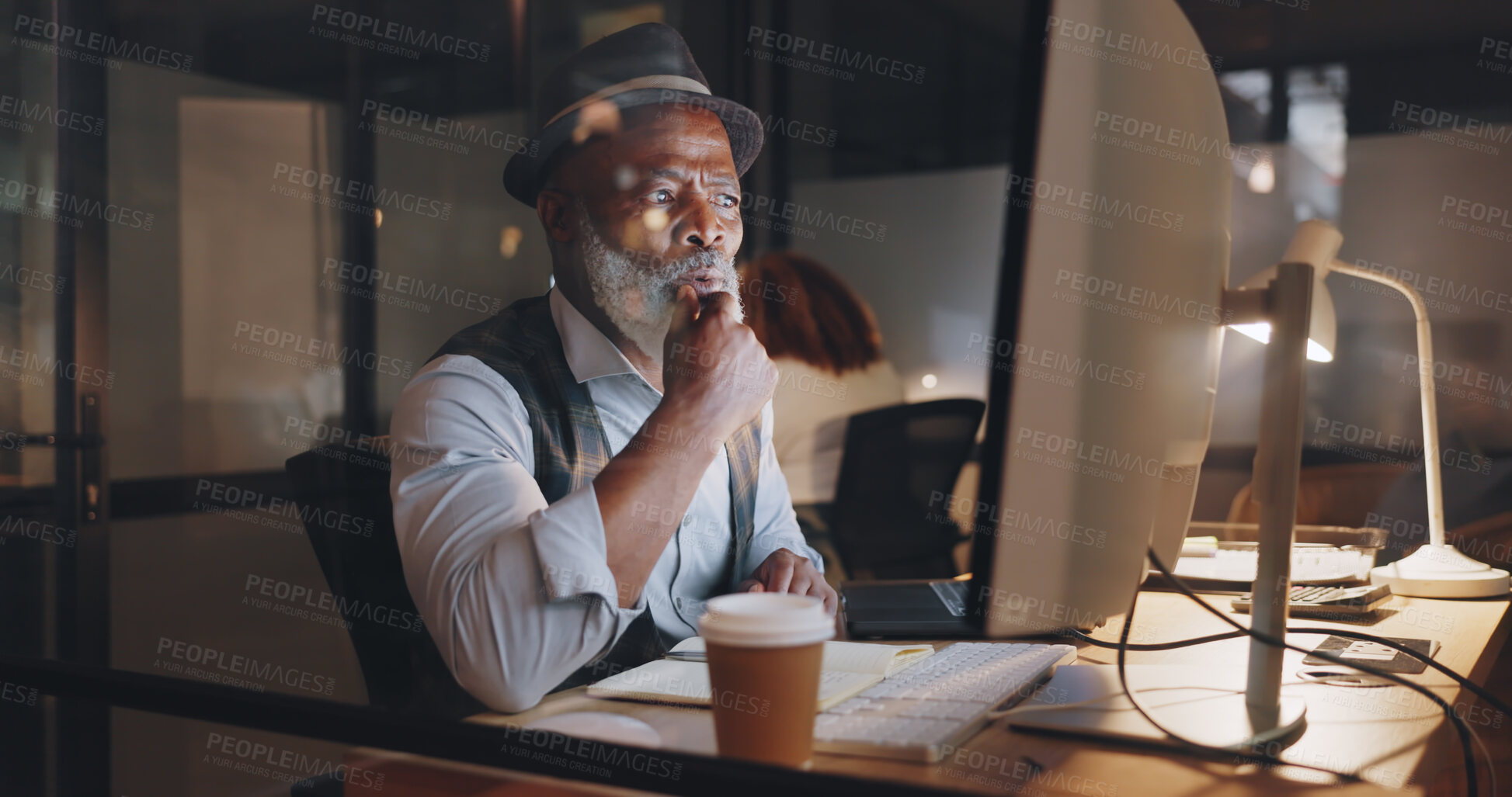 Buy stock photo Computer, night and thinking with a business man in his office for late evening work on a deadline. Research, information or problem solving with a senior employee looking confused in the workplace