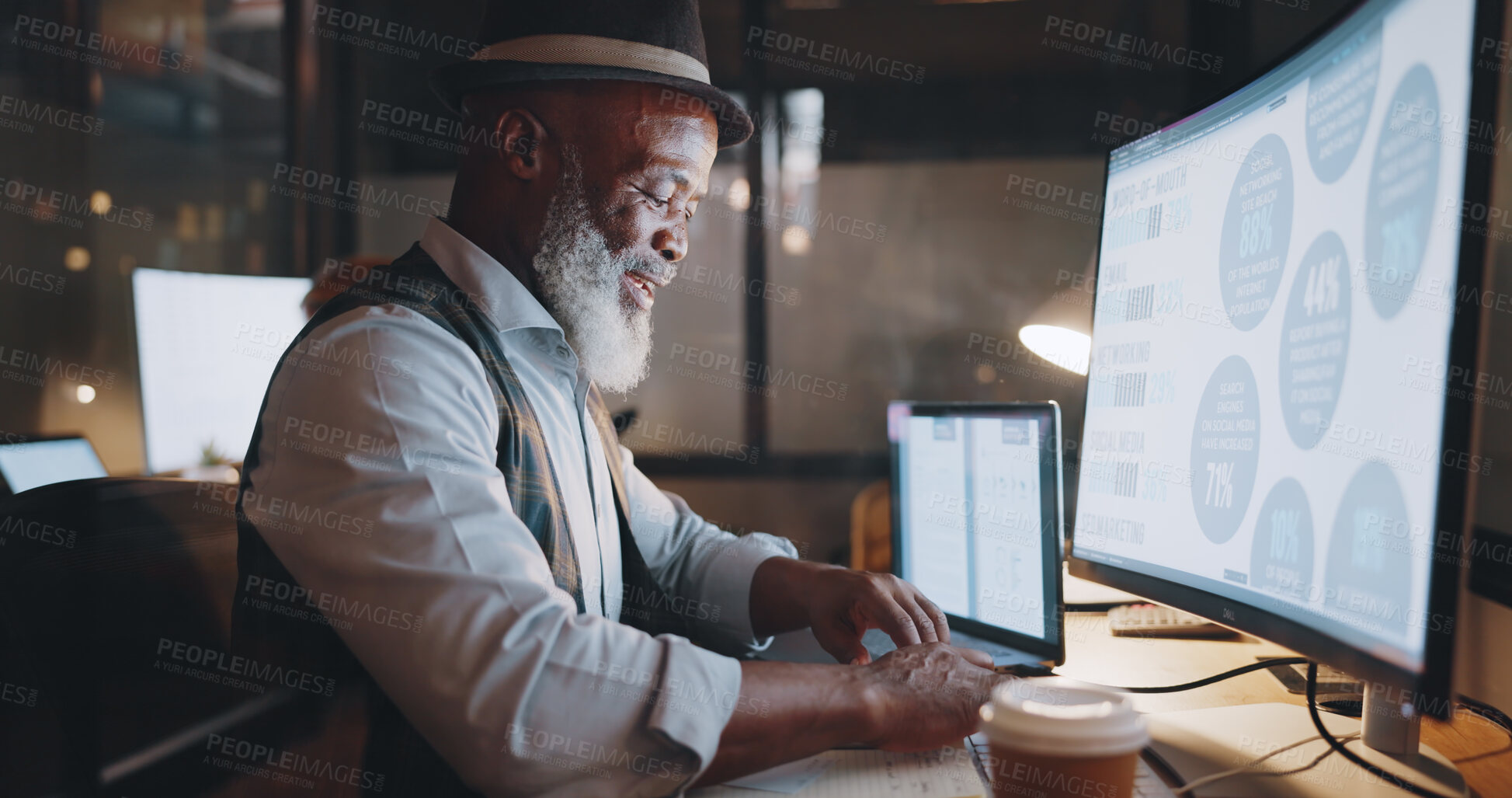 Buy stock photo Black man, night and work at computer, typing and research for senior manager at creative agency. Office, late and professional businessman for website, technology and web design deadline at overtime