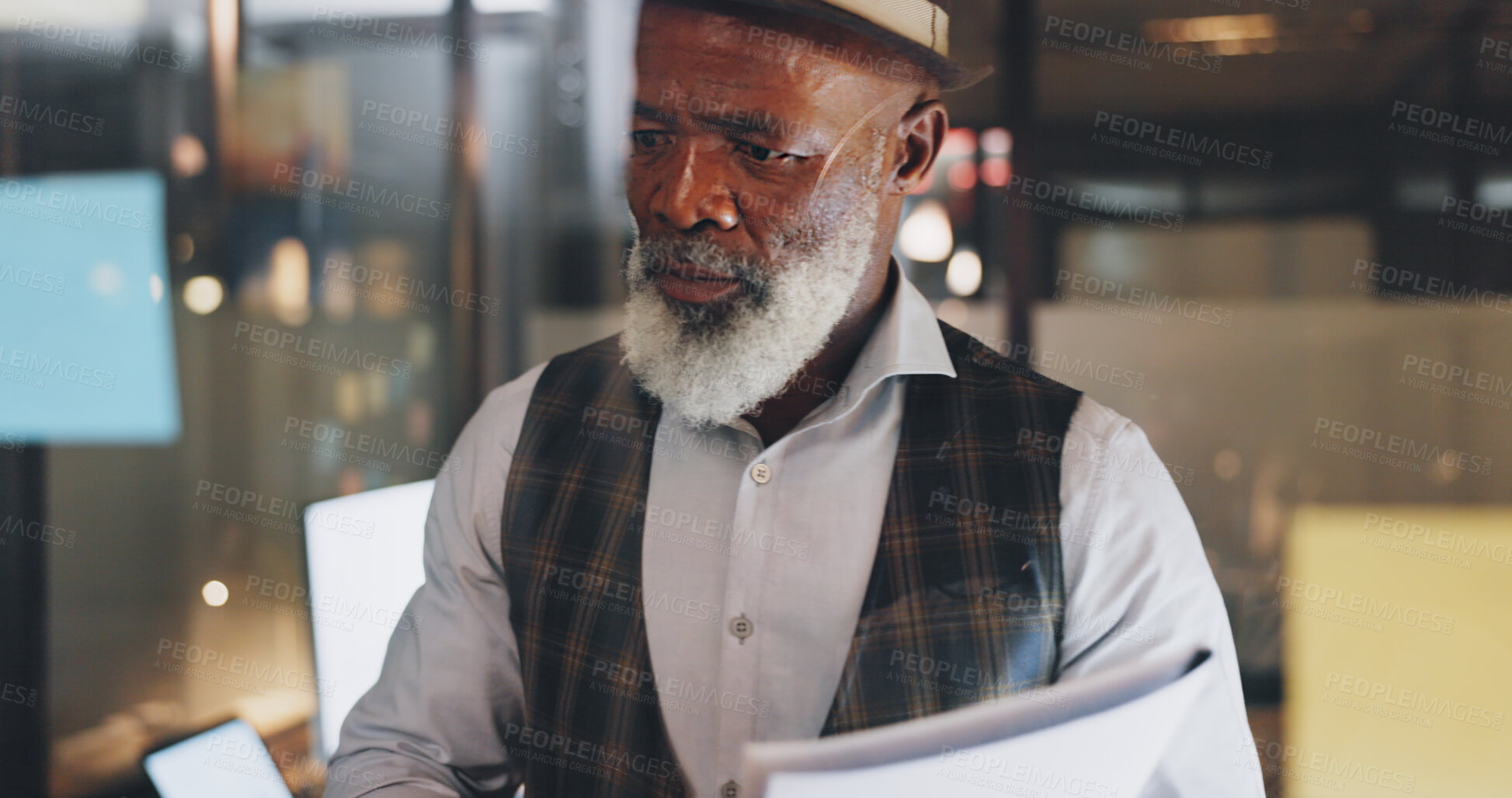 Buy stock photo Board, black man and writing on sticky notes with employee in a web agency office. Working, creative staff and professional with business and paperwork of planning report for company sales of worker