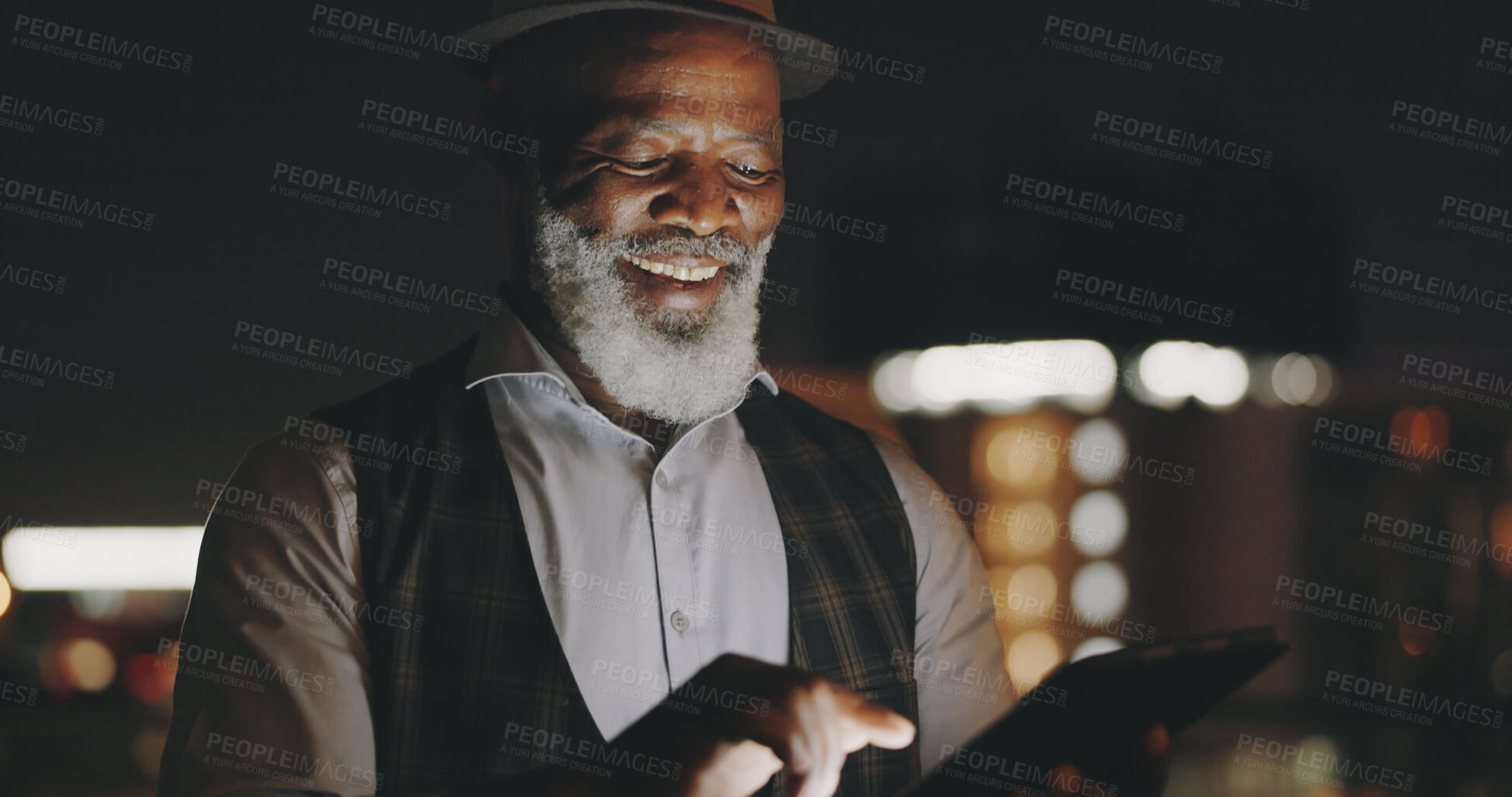 Buy stock photo Working, tablet and mature business man with tablet on city roof at night on break with social media. Ceo and smile of African entrepreneur with professional work and company with reading article