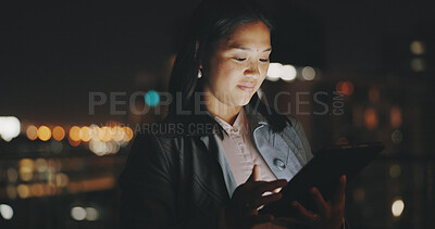 Night balcony, tablet or city woman typing social network feedback, customer experience or e commerce. Brand monitoring data, website research or Asian media worker analysis of online survey review