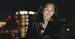 Night balcony, tablet or city woman typing social network feedback, customer experience or e commerce. Brand monitoring data, website research or Asian media worker analysis of online survey review