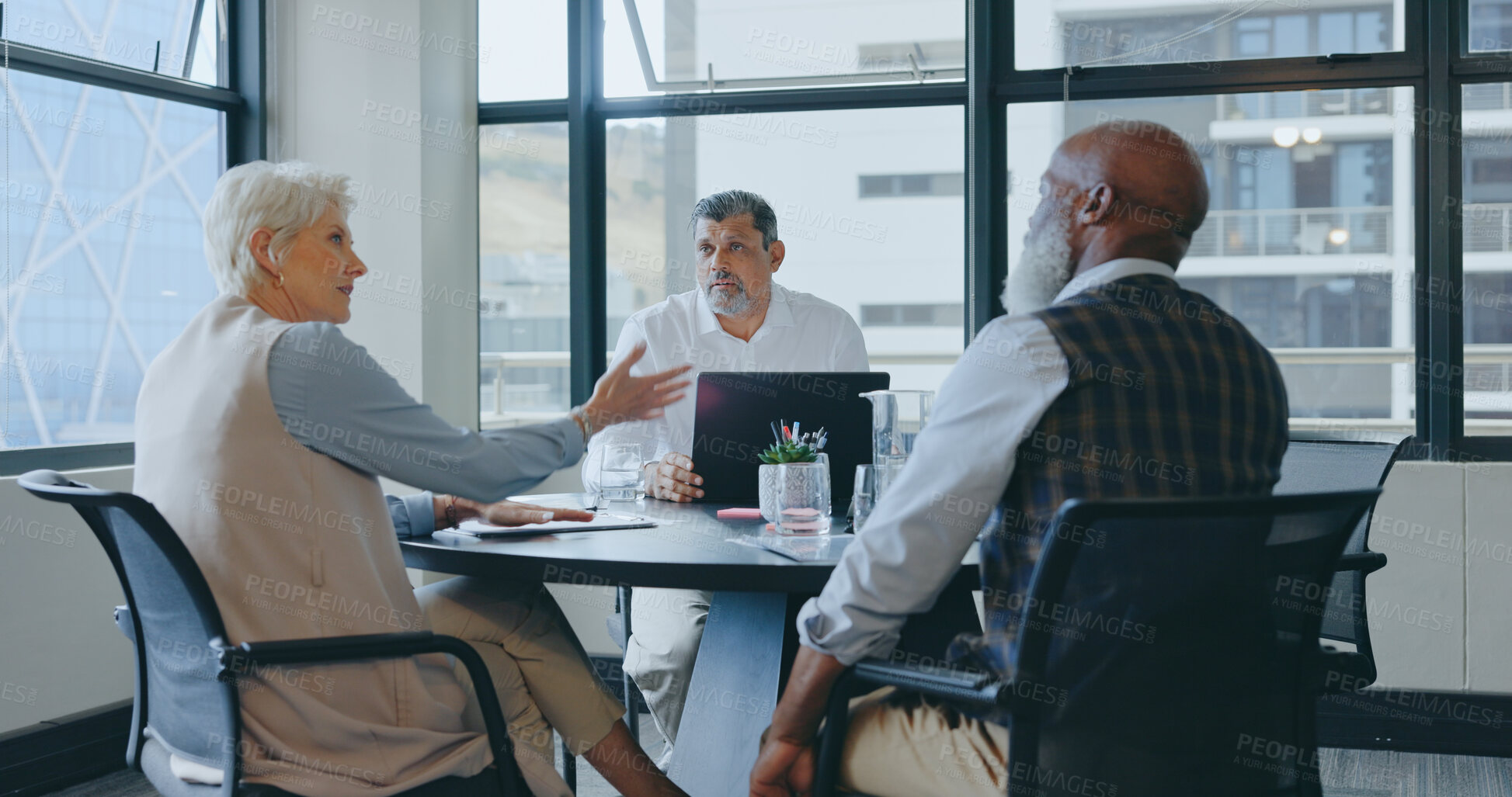 Buy stock photo Crisis, problem and business people in meeting with laptop, documents and planning for company strategy or solution to mistake. Frustrated, woman and team with report of debt or fail on project