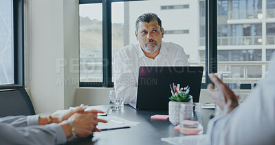 Buy stock photo Laptop, team or mature businessman in collaboration with business people planning strategy together. Brainstorming, leader or senior manager talking or speaking of financial info or report in meeting